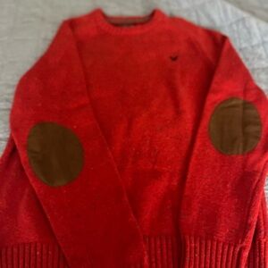 American Eagle Outfitters Red Sweater with Brown Elbow Patches Mens Size Large